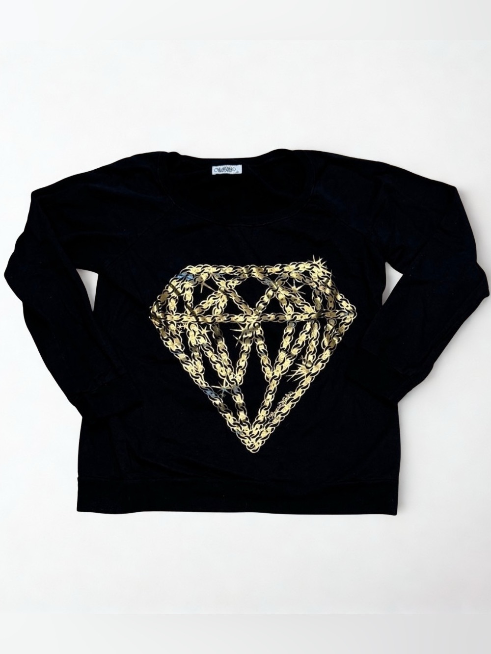 Price Firm Lauren Moshi Black Sweatshirt with Gold Chain Link Diamond, Small.